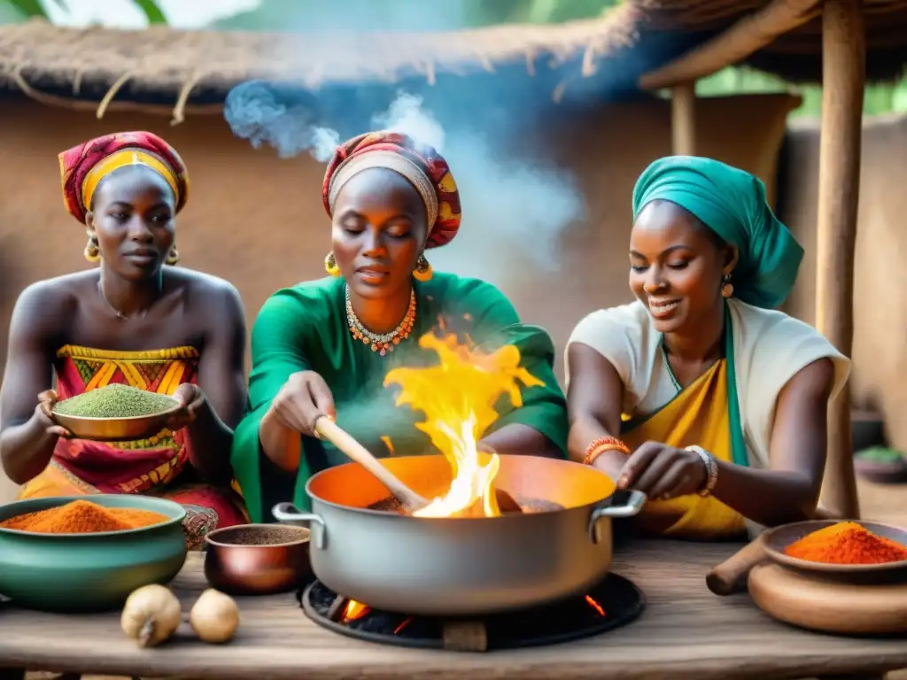 Un grupo de mujeres africanas preparando platos africanos de resistencia en una cocina rústica al aire libre, entre colores y aromas tradicionales