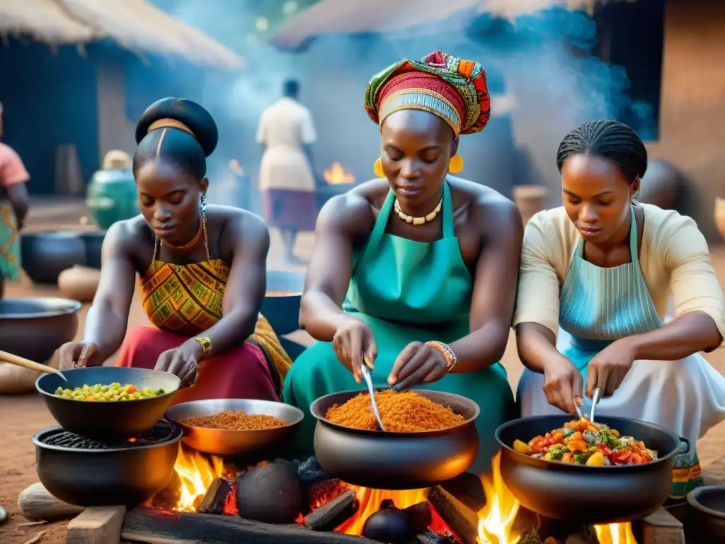 Un grupo de mujeres africanas preparando platos coloridos sobre fuego, mostrando la influencia global de la cocina afrodescendiente