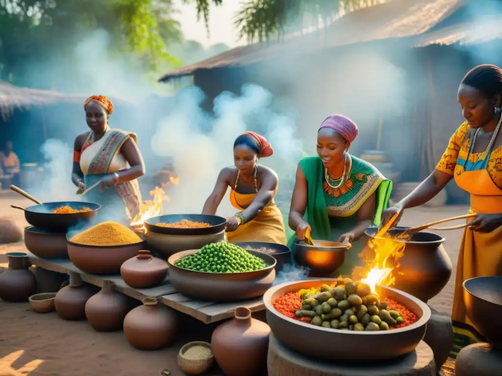 Un grupo de mujeres africanas preparando platos coloridos al aire libre, rodeadas de ingredientes frescos