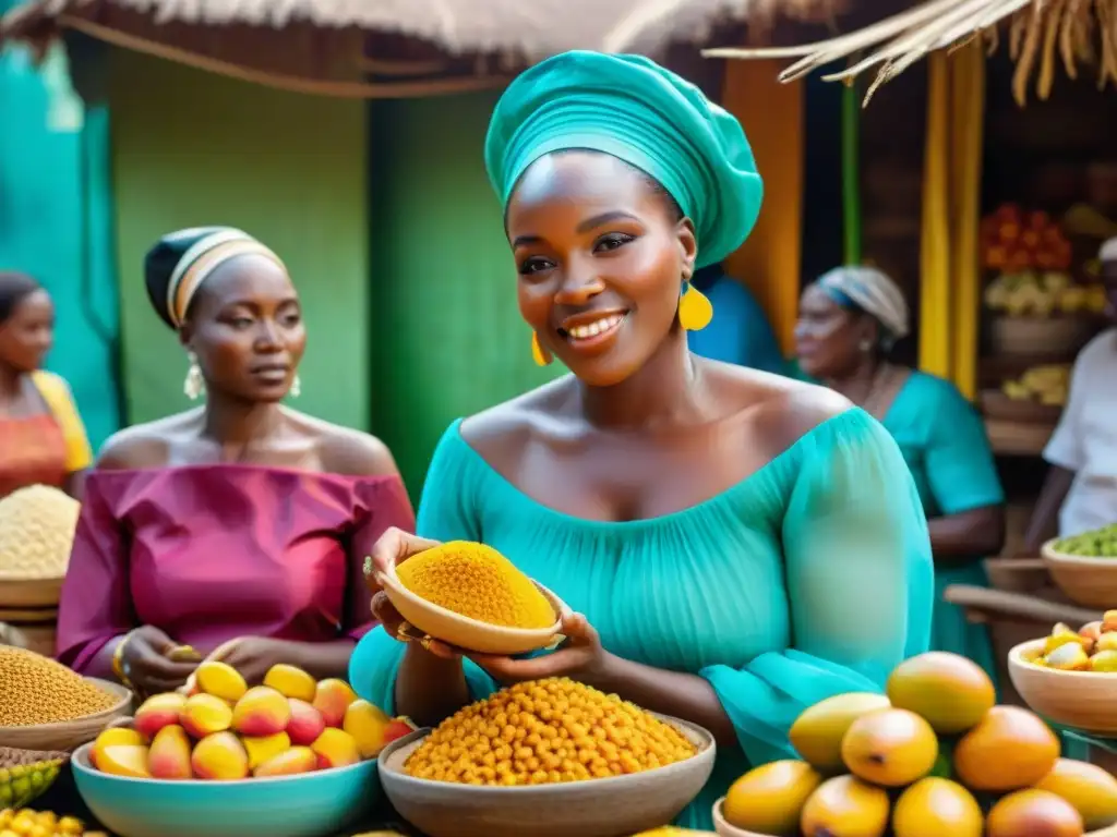 Grupo de mujeres africanas creando postres tradicionales rodeadas de ingredientes exóticos