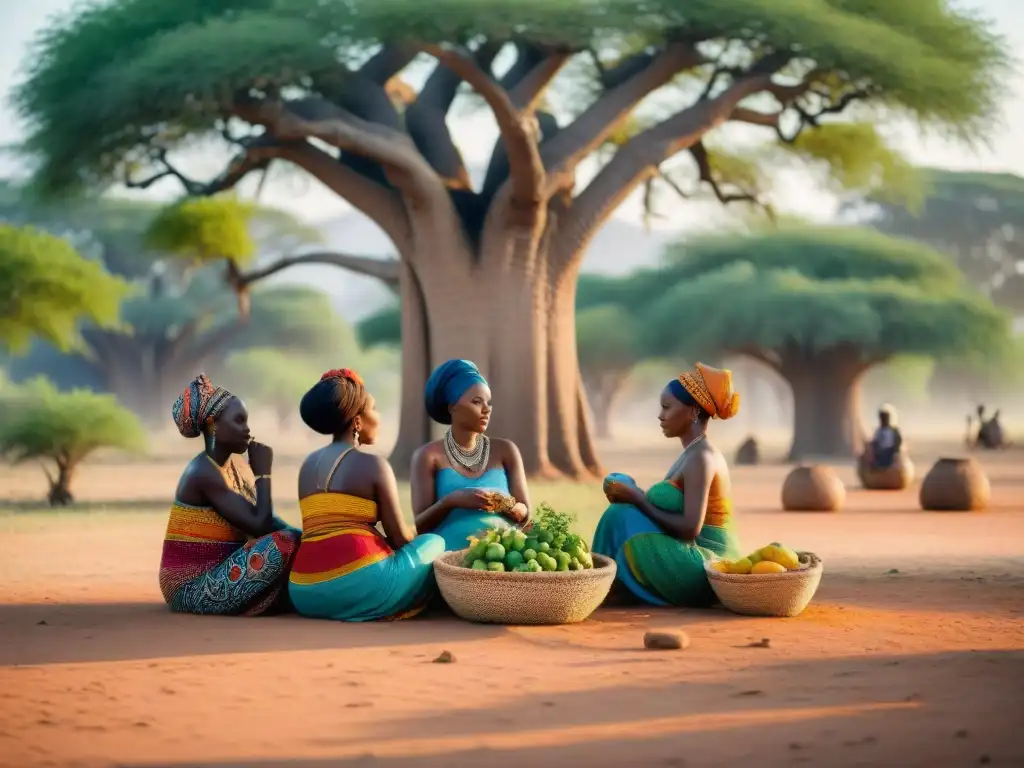 Un grupo de mujeres africanas en prácticas ancestrales de maternidad bajo un baobab