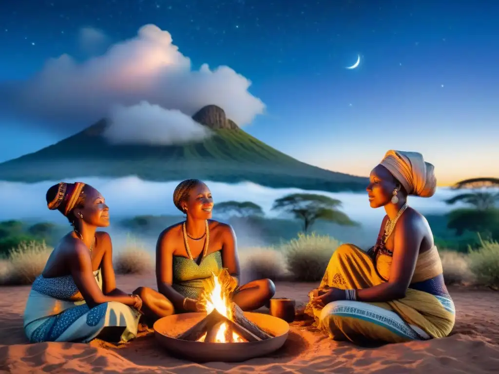 Un grupo de mujeres africanas, con prácticas ancestrales de maternidad, reunidas alrededor del fuego bajo el cielo estrellado