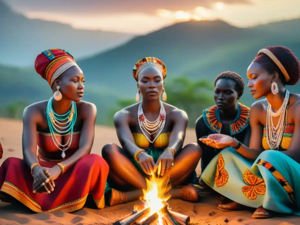 Grupo de mujeres africanas en prácticas espirituales alrededor de fogata bajo cielo estrellado