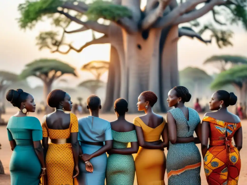 Un grupo de mujeres africanas en un pueblo rural bajo un baobab, planificando juntas