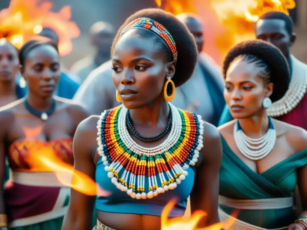 Grupo de mujeres africanas danzando en ritual alrededor del fuego, con vestimenta tradicional y simbolismo de civilizaciones africanas