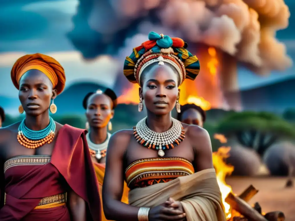 Grupo de mujeres africanas en ritual alrededor de fogata, transmitiendo espiritualidad en la sabana