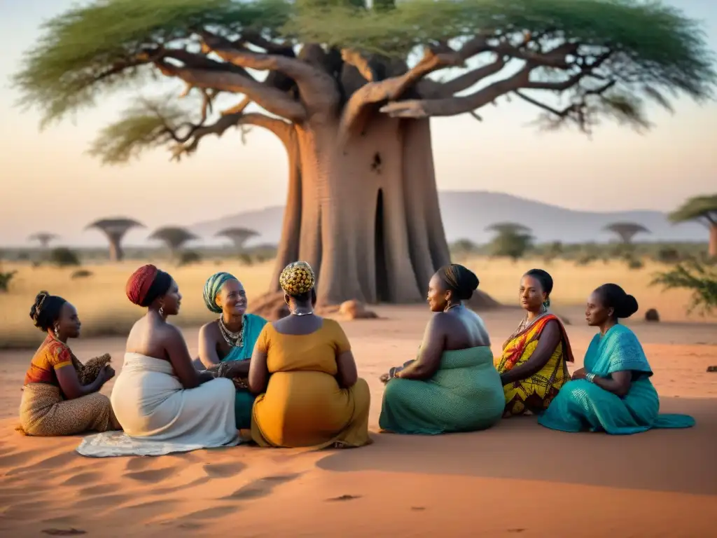 Grupo de mujeres africanas en sesión de cuidados prenatales bajo un baobab, guiadas por una sabia partera