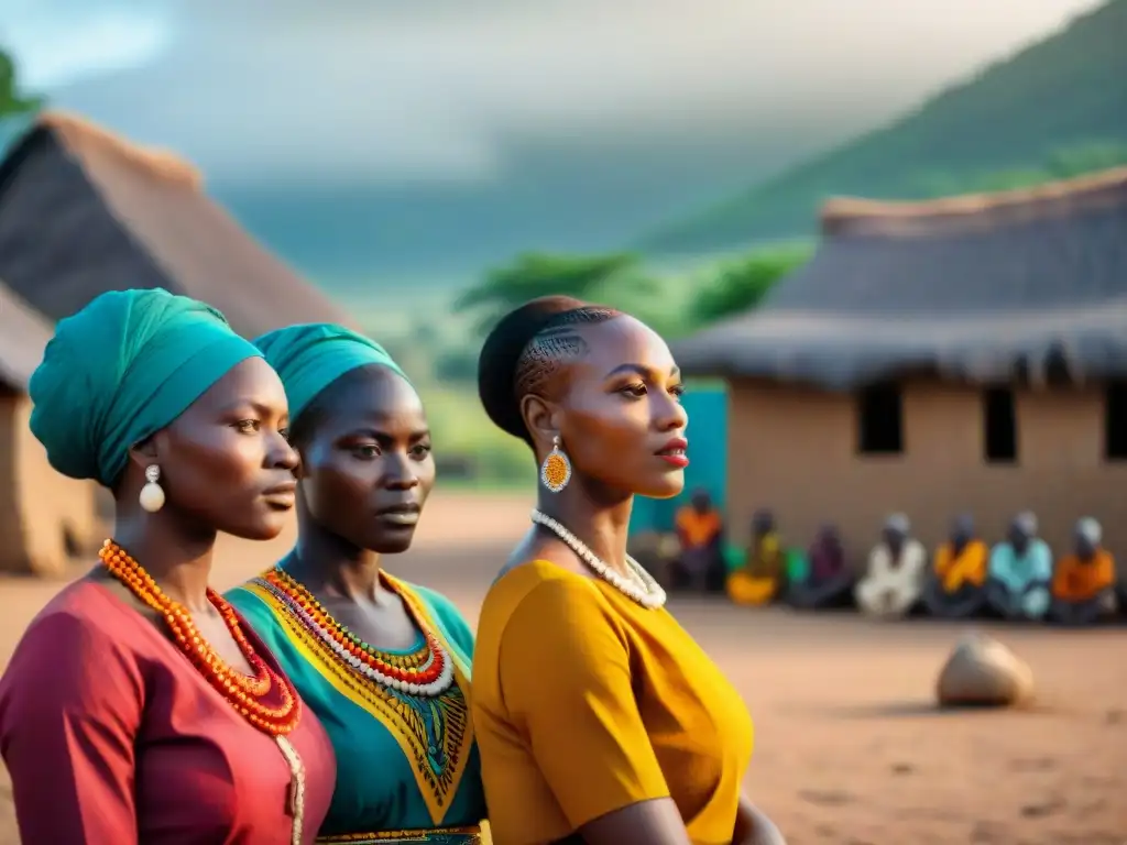 Un grupo de mujeres africanas en trajes tradicionales, unidas y fuertes en una aldea rural