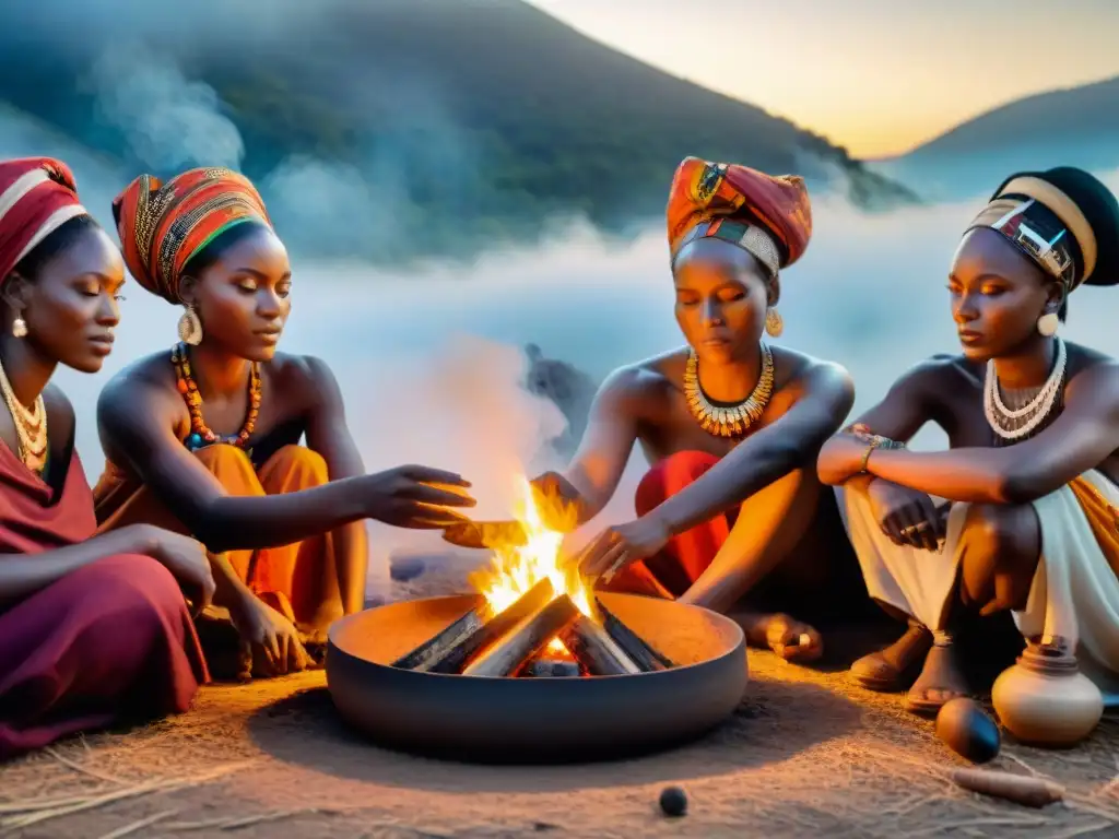 Un grupo de mujeres africanas de diferentes tribus realizando cosmética tradicional en África alrededor de un gran fuego