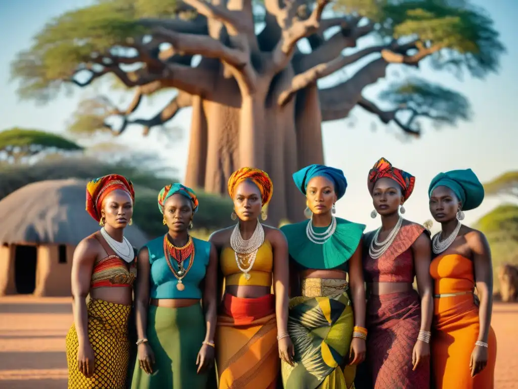 Un grupo de mujeres africanas vestidas con coloridos trajes tradicionales bajo un baobab, simbolizando roles de género y colonización en África