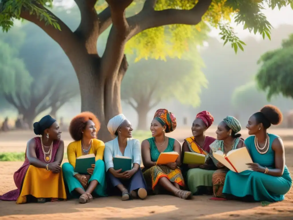 Un grupo de mujeres africanas, vestidas con atuendos tradicionales coloridos, discuten bajo un árbol en una aldea rural