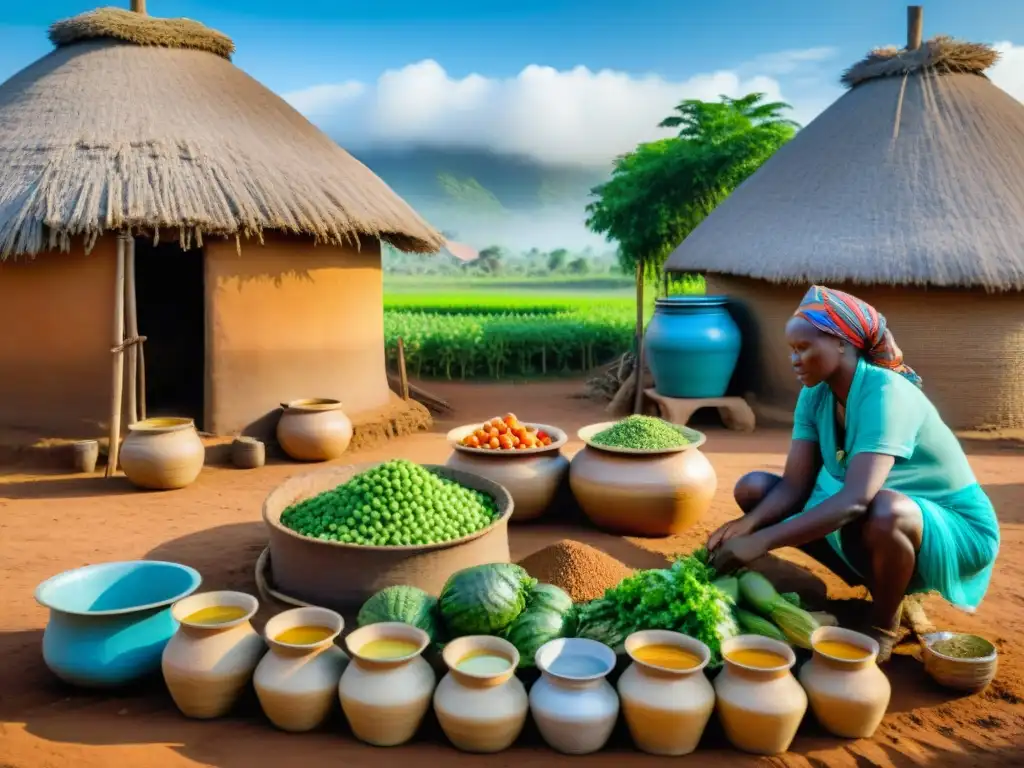 Grupo de mujeres en aldea africana fermentando alimentos en cerámica, resaltando la conservación alimentos África antigua