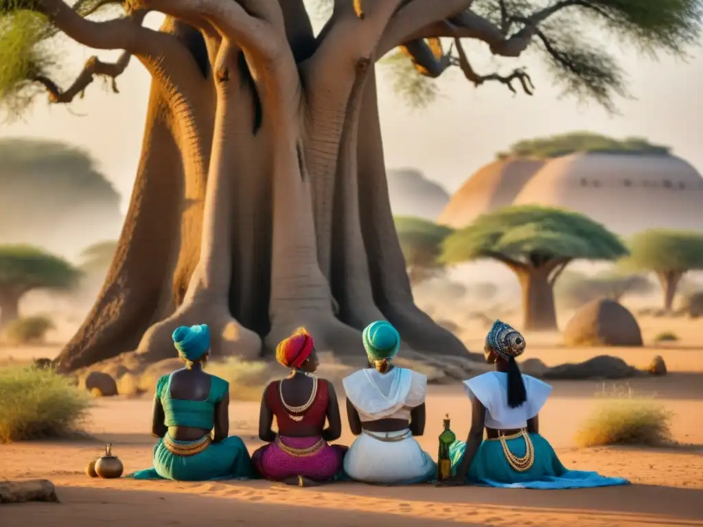 Un grupo de mujeres en atuendos tradicionales del Sahel conversan bajo un baobab