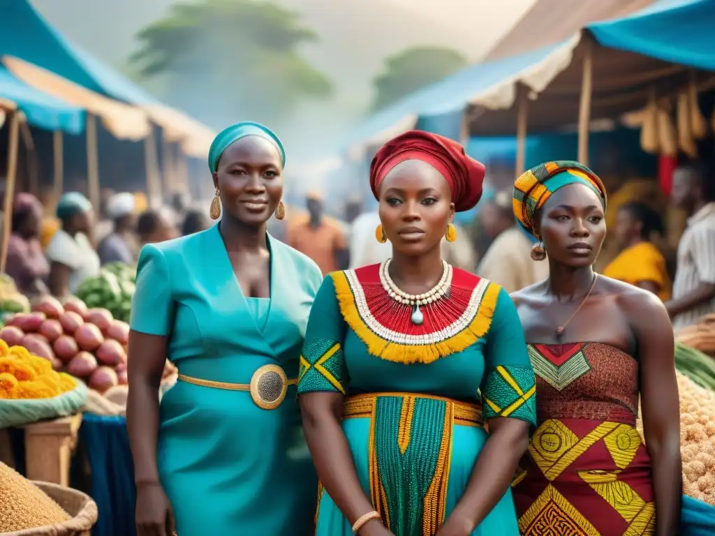 Un grupo de mujeres en atuendos tradicionales africanos, unidas en un mercado vibrante