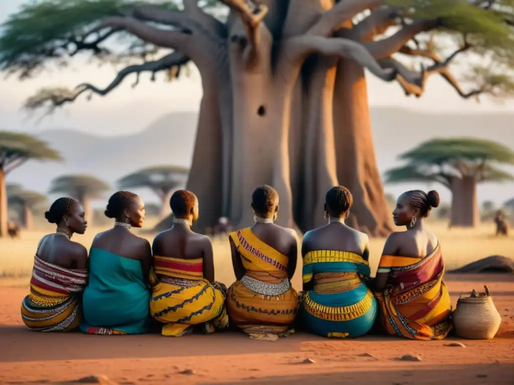 Un grupo de mujeres en atuendos tradicionales africanos, bajo un baobab, conversando con determinación y sabiduría