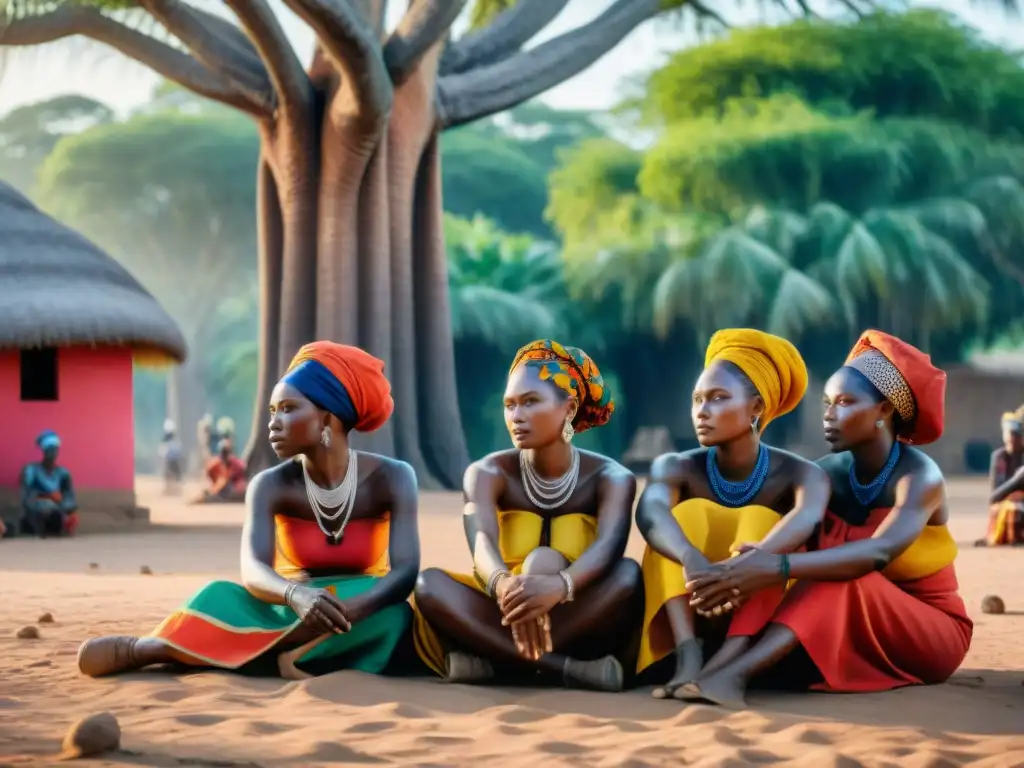 Un grupo de mujeres Kongo discutiendo bajo un baobab, exudando liderazgo y empoderamiento