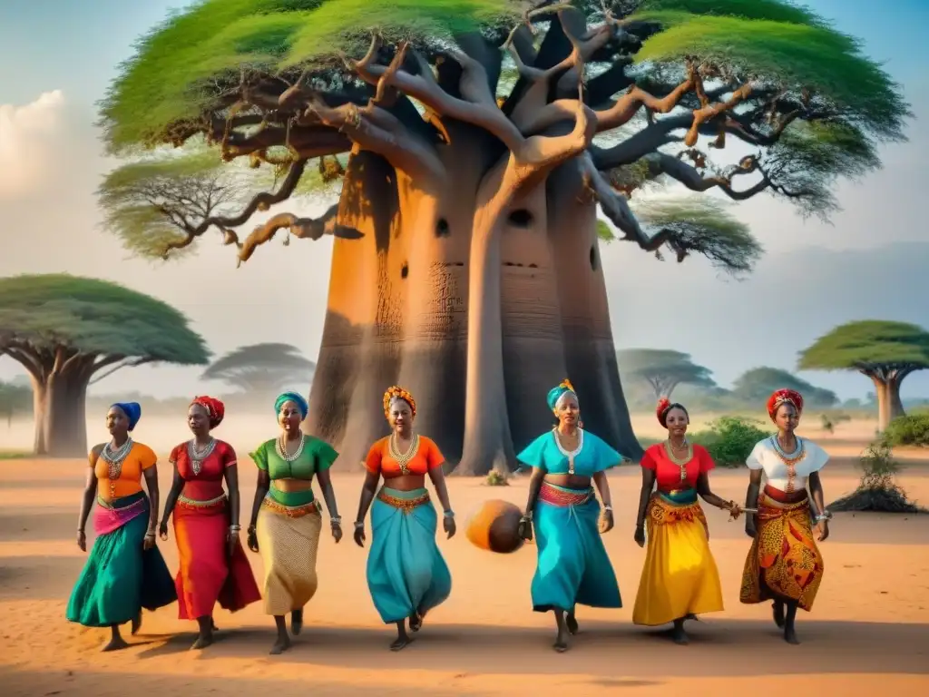 Un grupo de mujeres swahili danza bajo un baobab en Mozambique, celebrando Culturas en la Isla de Mozambique