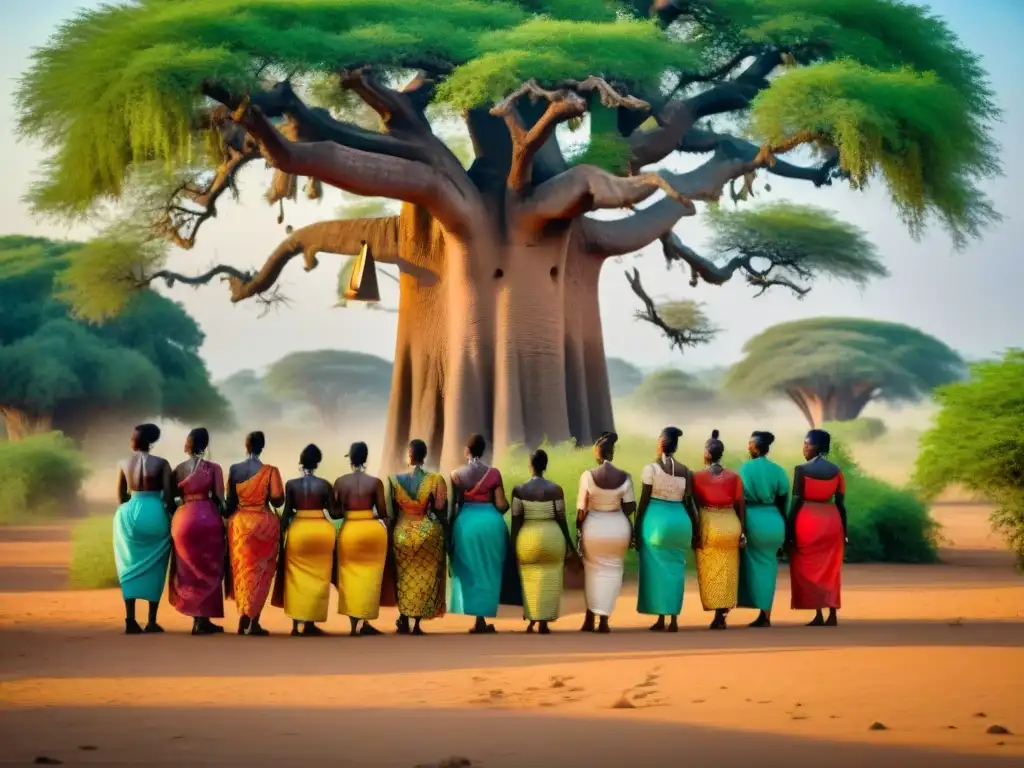 Un grupo de mujeres danzando bajo un baobab en el Reino de Dahomey, representando el legado legal de los imperios africanos