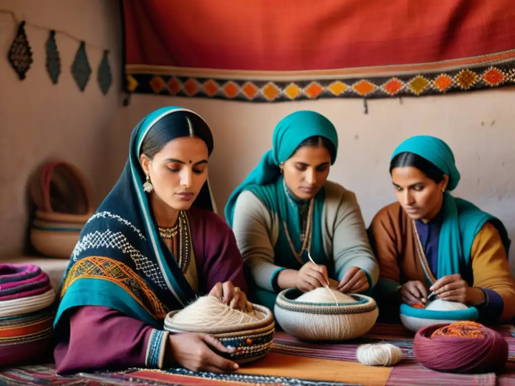 Grupo de mujeres bereberes bordando en ambiente tradicional, preservando la moda y origen bordado bereber