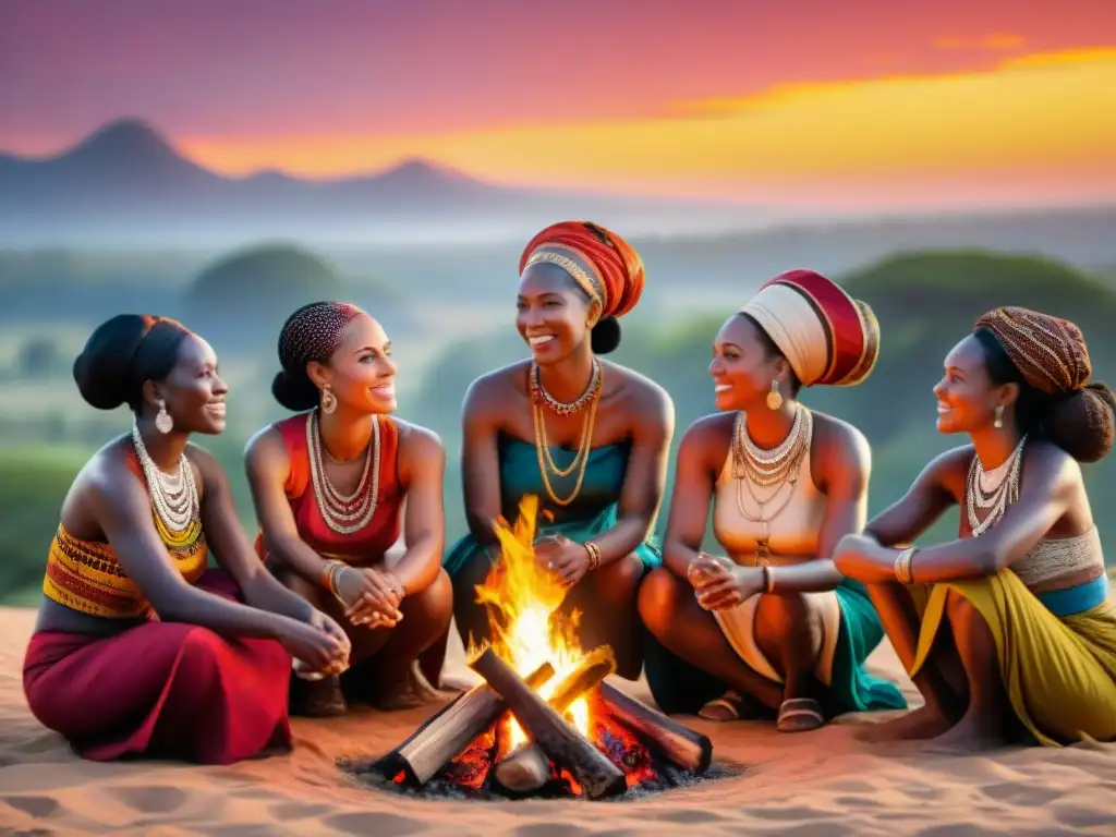 Un grupo de mujeres en civilizaciones africanas antiguas conversan alrededor del fuego al atardecer, mostrando diversidad y camaradería