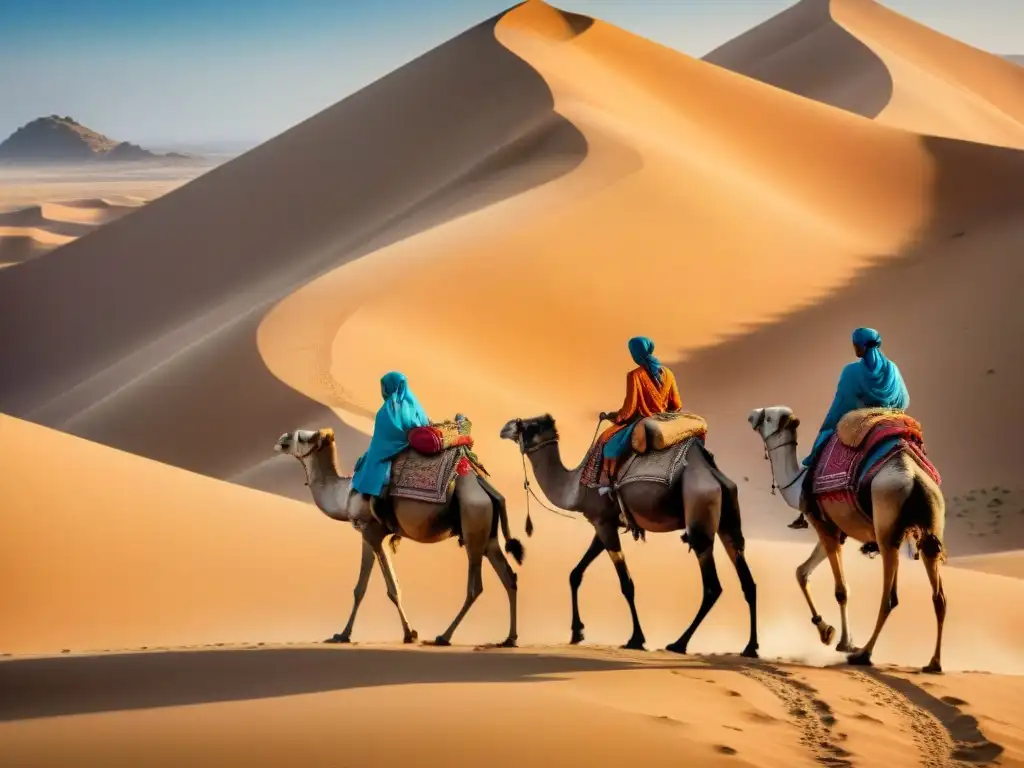 Un grupo de Mujeres en el Comercio Transahariano lidera una caravana de camellos por el vasto desierto del Sahara, mostrando fuerza y determinación