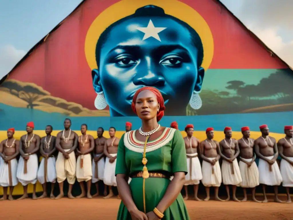 Un grupo de mujeres determinadas en Guinea Bissau, vistiendo ropa tradicional, frente a un mural sobre la independencia