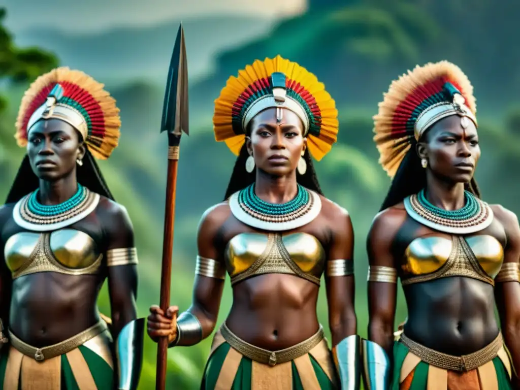 Un grupo de Mujeres Guerreras Historia Africana Dahomey Amazonas, poderosas y determinadas, en formación con paisaje africano exuberante de fondo