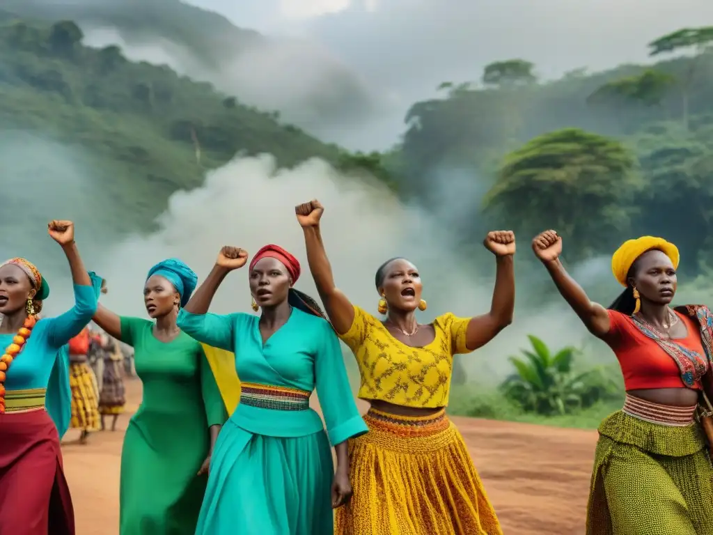 Un grupo de mujeres guineanas marcha con fuerza hacia la independencia frente a un edificio colonial