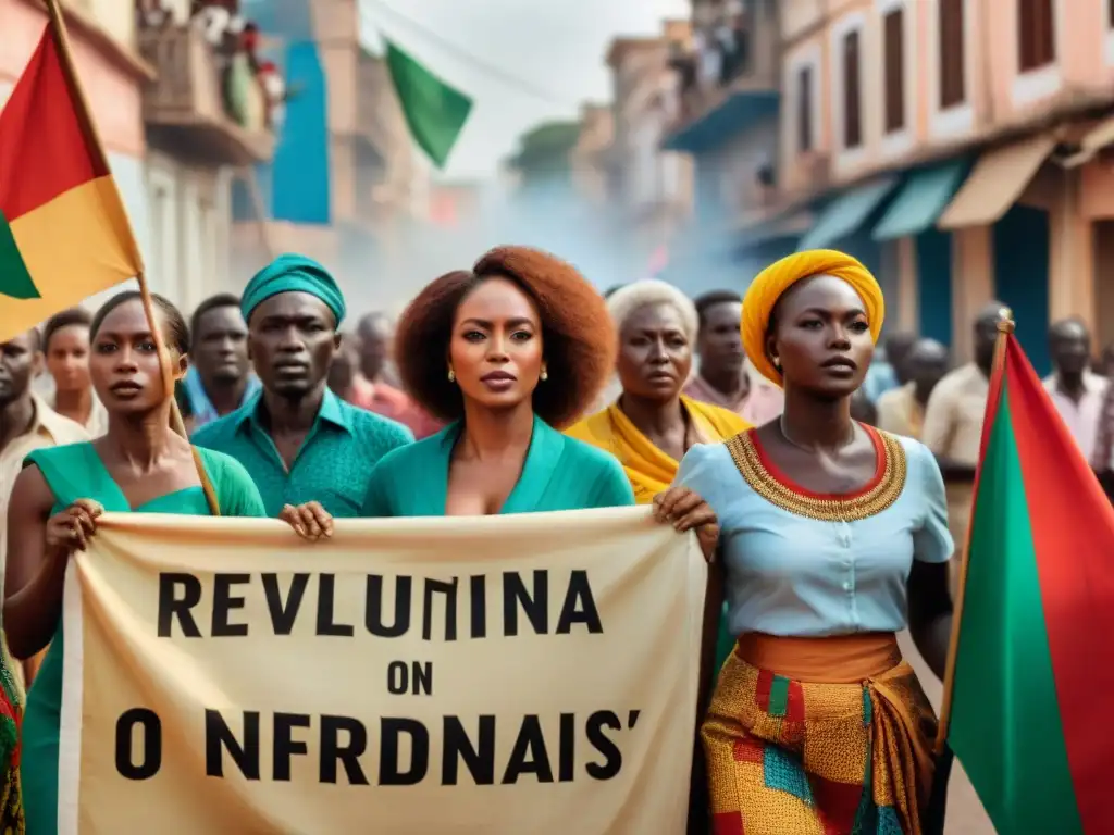 Un grupo de mujeres guineanas en vestidos tradicionales coloridos marchan con determinación por la independencia de Guinea Bissau