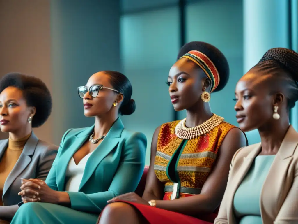 Un grupo de mujeres intelectuales africanas en una conferencia académica, mostrando confianza e inteligencia