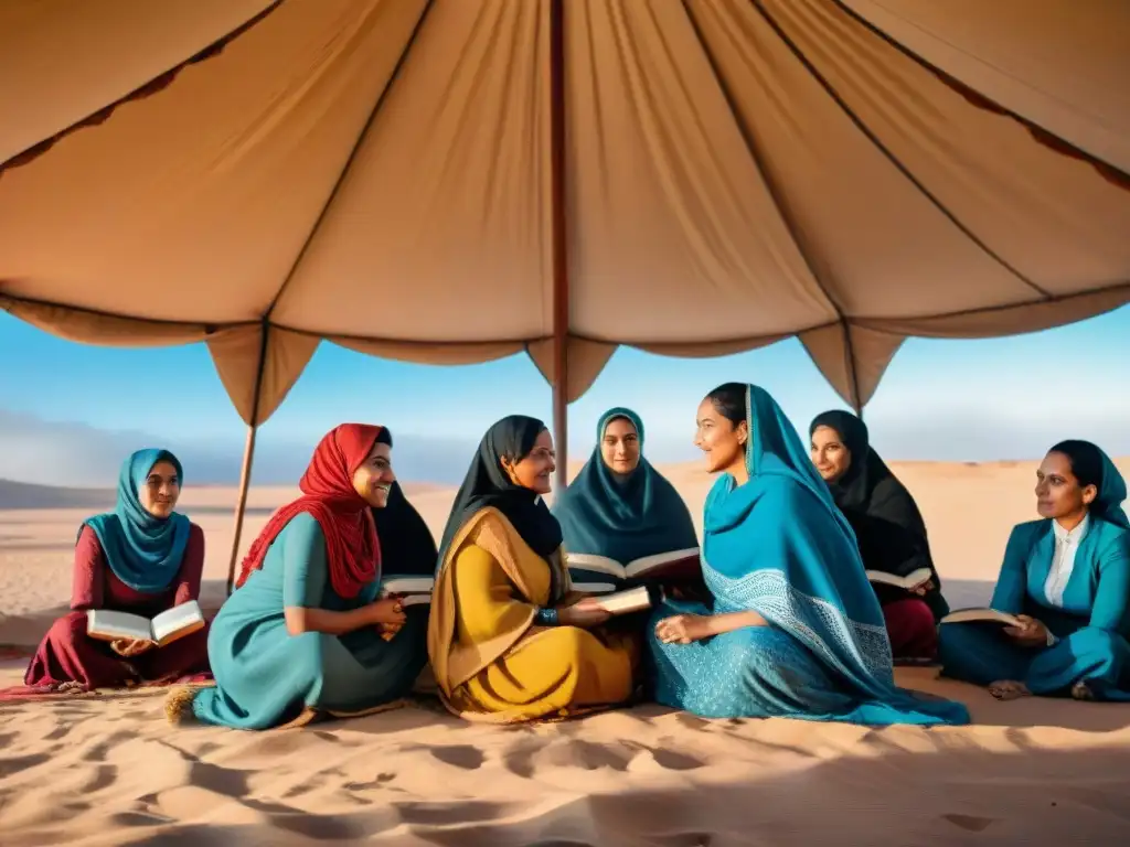 Grupo de mujeres libias unidas bajo una jaima en el desierto Un grupo de mujeres libias viste coloridos trajes tradicionales, reunidas bajo una carpa en el desierto, rodeadas de libros