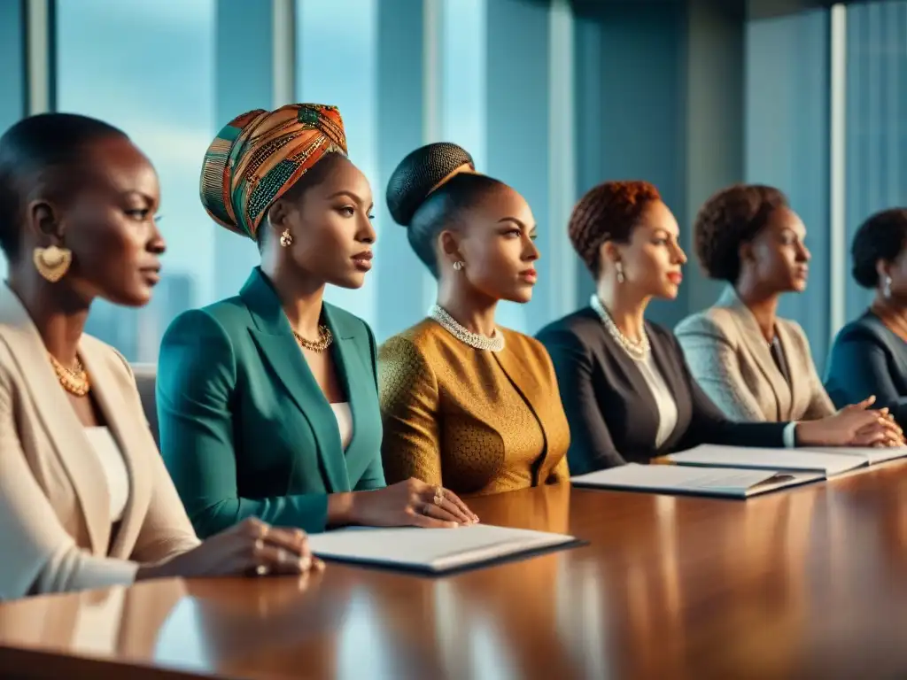 Grupo de Mujeres líderes africanas contemporáneas reunidas en una sala de juntas moderna, exudando confianza y liderazgo