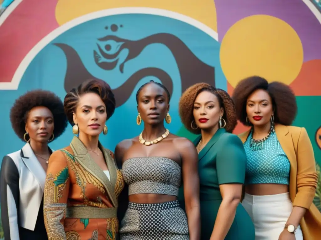 Un grupo de mujeres líderes diáspora africana frente a un mural vibrante que celebra su empoderamiento y herencia cultural