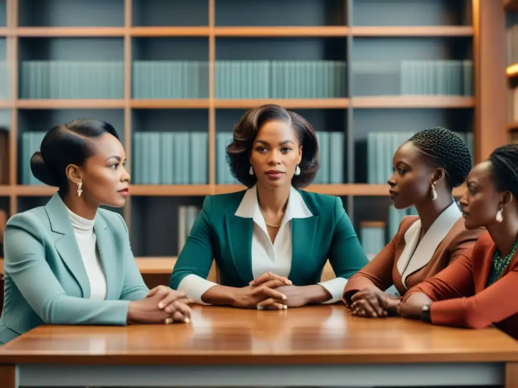 Un grupo de Mujeres líderes diáspora africana reunidas en una mesa, mostrando determinación y empoderamiento en una sala iluminada