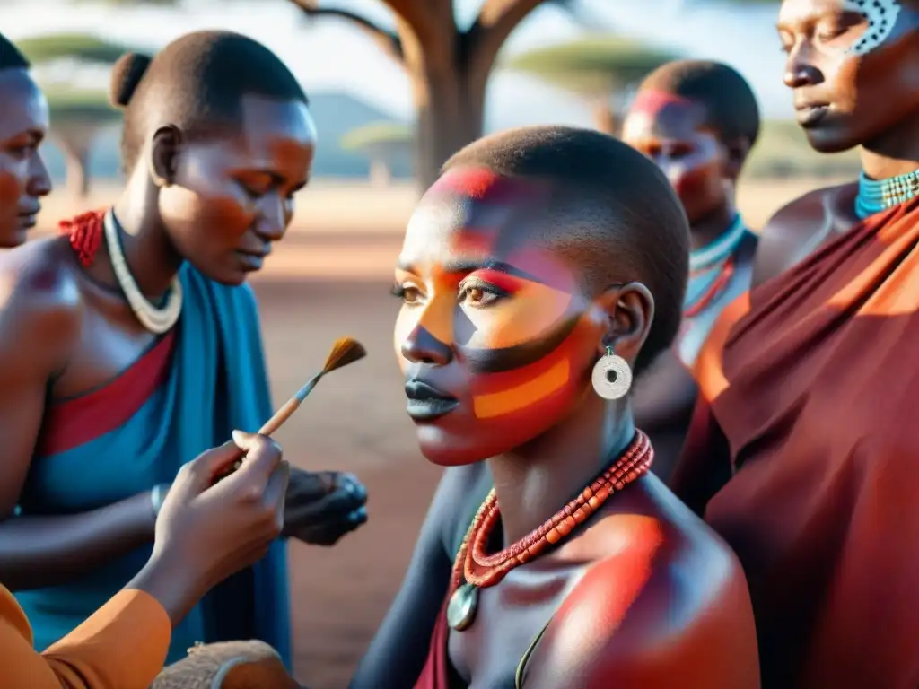 Un grupo de mujeres Maasai aplicando cosmética tradicional en África bajo un árbol en la sabana africana