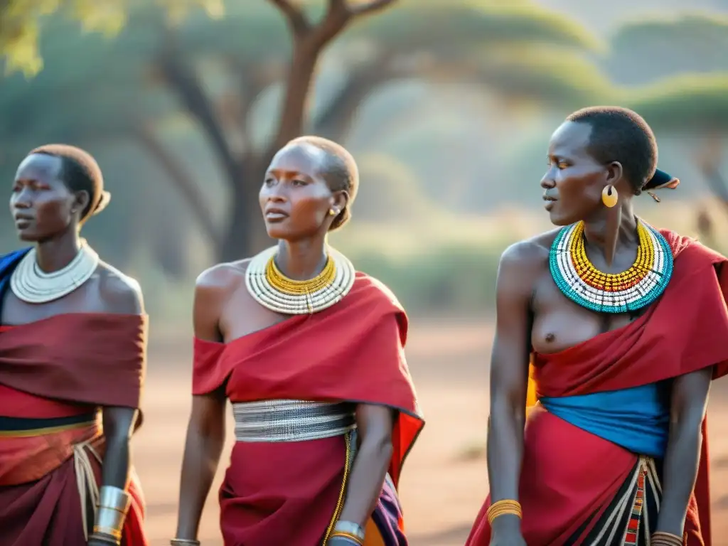 Grupo de mujeres Maasai realizando danza ceremonial bajo el sol africano, con vestimenta tradicional y expresiones de alegría