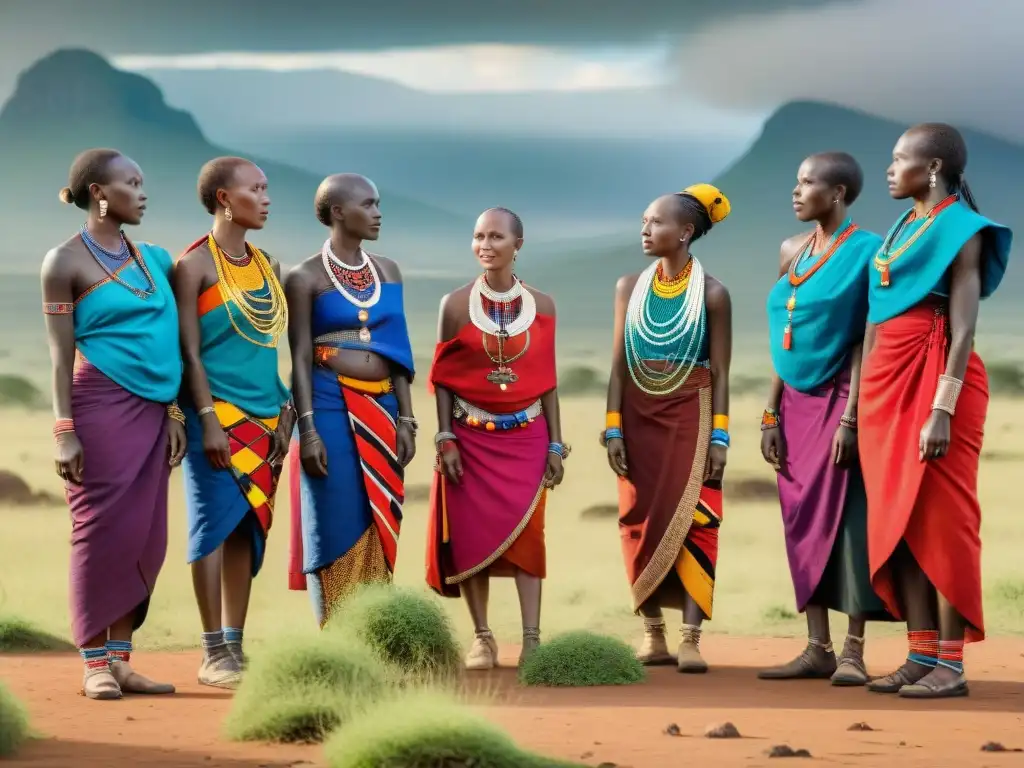 Grupo de mujeres Maasai admirando sus reflejos en un espejo gigante en la sabana africana, resaltando la importancia de espejos en culturas africanas