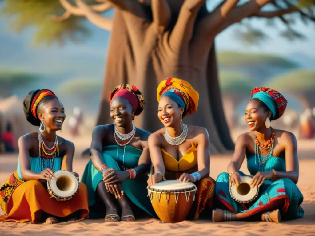 Un grupo de mujeres músicas tocan instrumentos africanos bajo un baobab, rodeadas de coloridos textiles y niños bailando