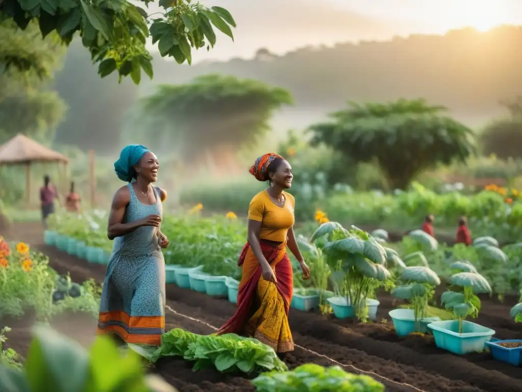 Un grupo de mujeres y niños africanos trabajando juntos en un jardín comunitario, con una atmósfera de armonía y desarrollo sostenible en África