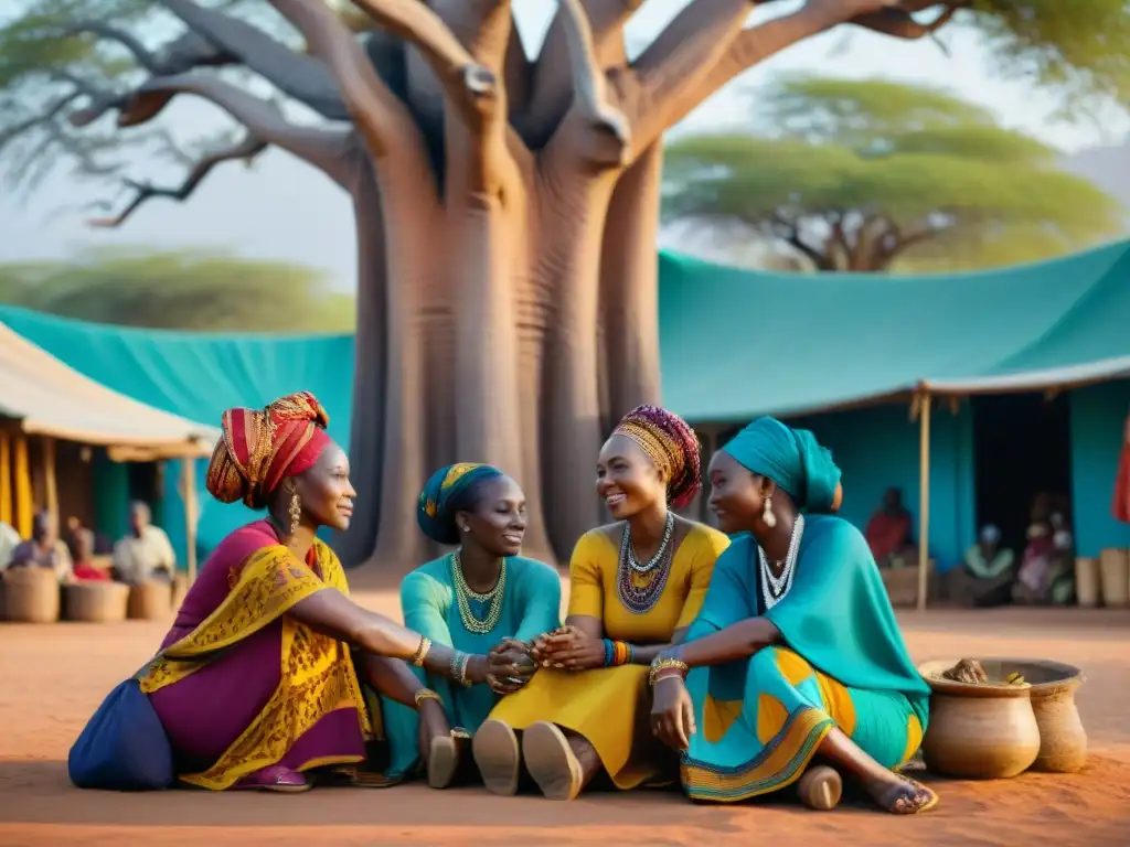 Un grupo de mujeres de distintos orígenes étnicos en vestimenta tradicional africana, bajo un baobab, hablando animadamente en un mercado colorido