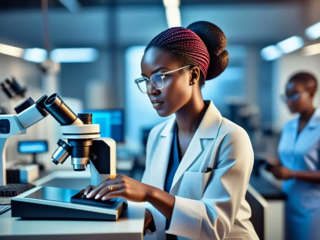 Un grupo de mujeres pioneras en ciencia africana trabajando juntas en un laboratorio moderno y futurista