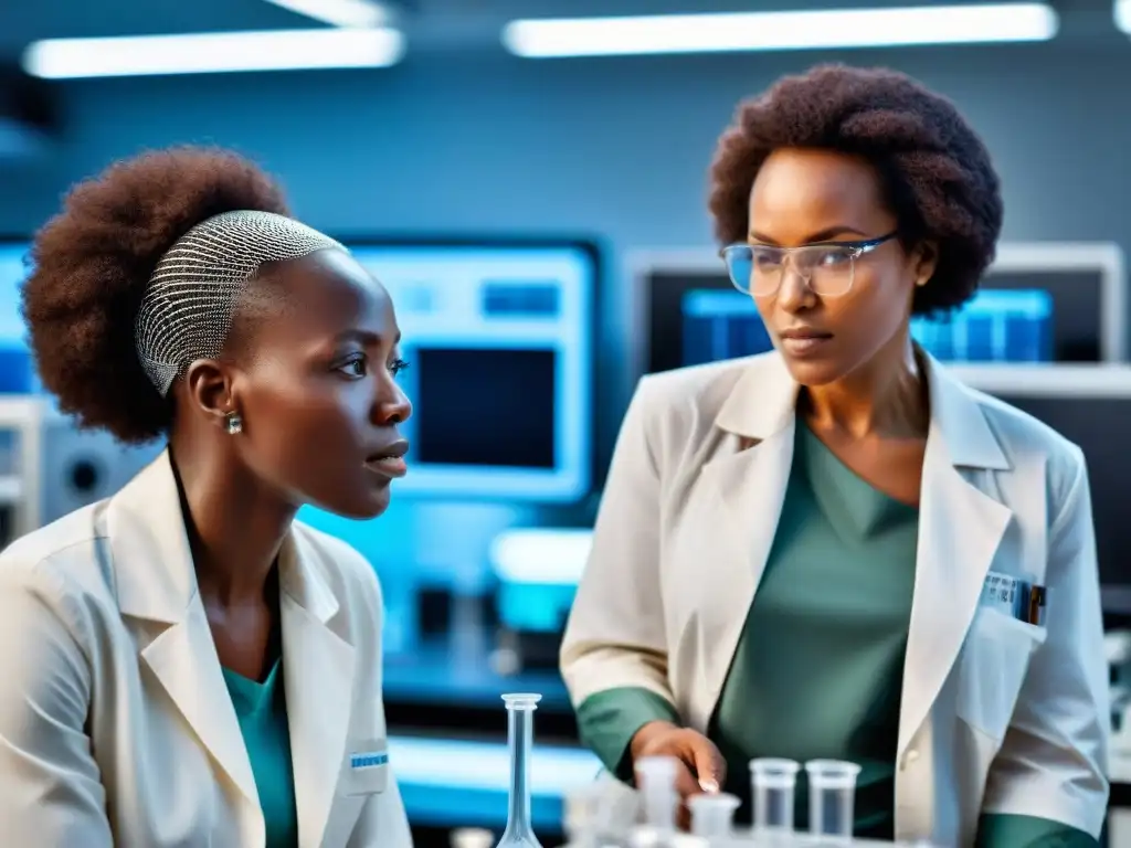 Un grupo de mujeres pioneras en ciencia africana colaborando en un laboratorio moderno, rodeadas de tecnología avanzada