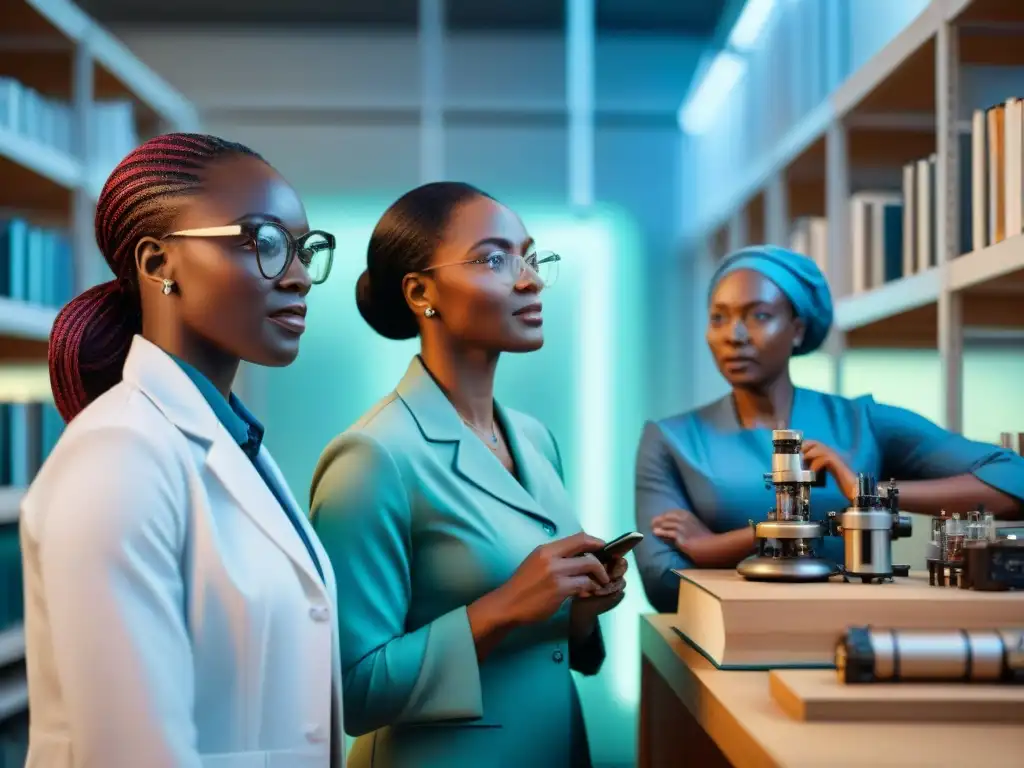 Un grupo de mujeres pioneras en ciencia africana colaborando en un laboratorio equipado, compartiendo conocimiento e innovación