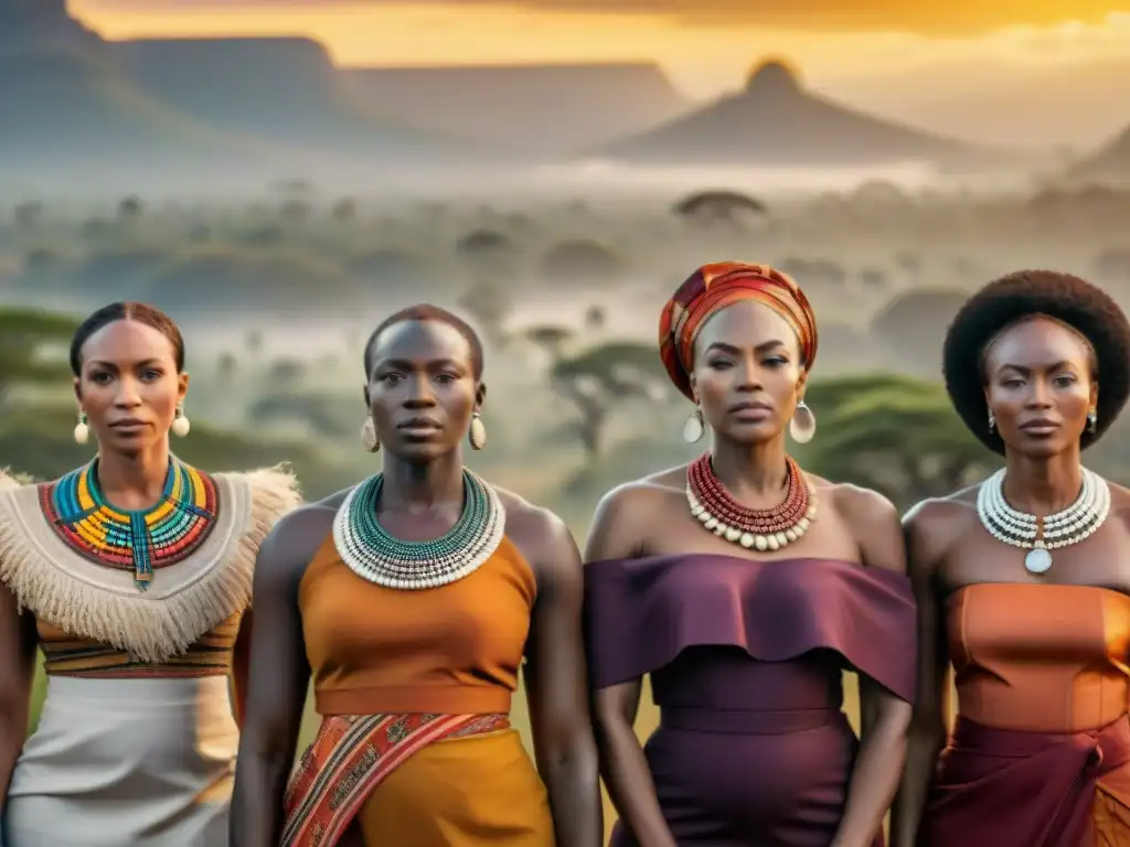 Un grupo de Mujeres poderosas de África, liderando con determinación y orgullo en un paisaje africano vibrante al atardecer