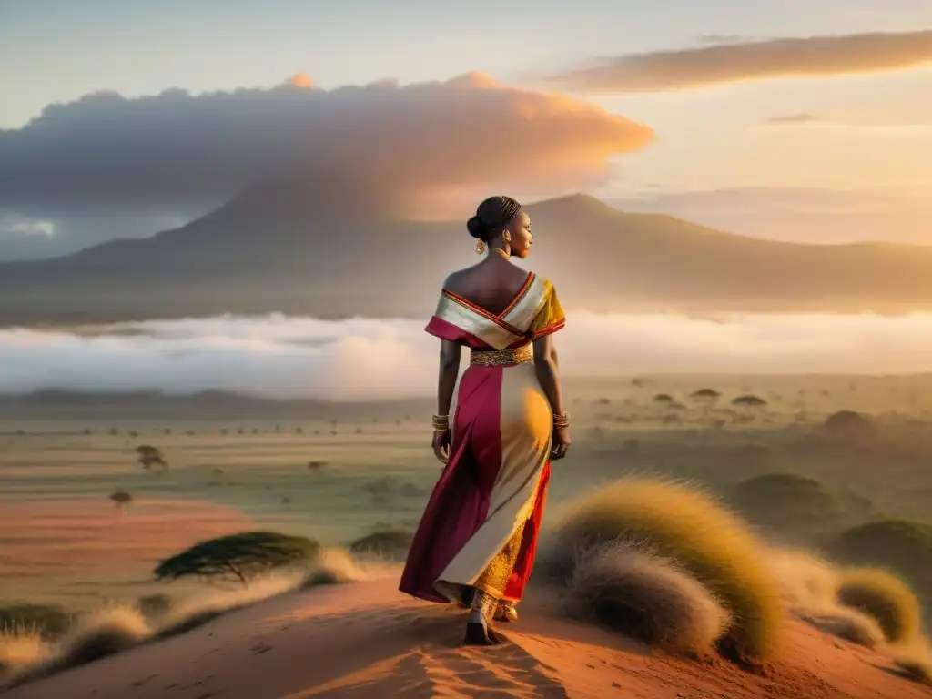 Un grupo de mujeres poderosas en reinos del sur, líder inspiradora en la sabana al atardecer