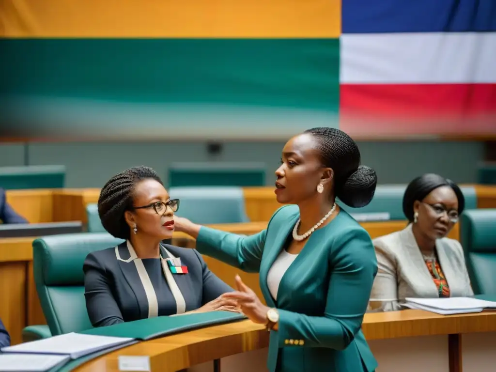 Un grupo de mujeres políticas africanas debaten con pasión en una sesión parlamentaria, mostrando liderazgo y empoderamiento