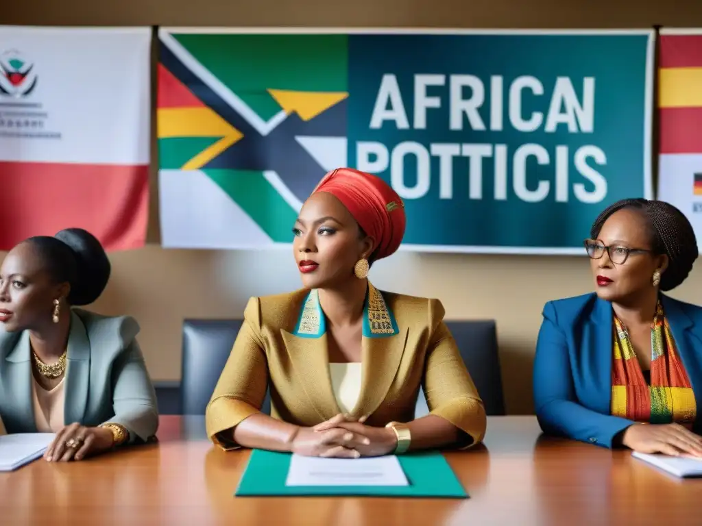 Un grupo de mujeres políticas africanas diversas en una sala de conferencias moderna, discutiendo con determinación