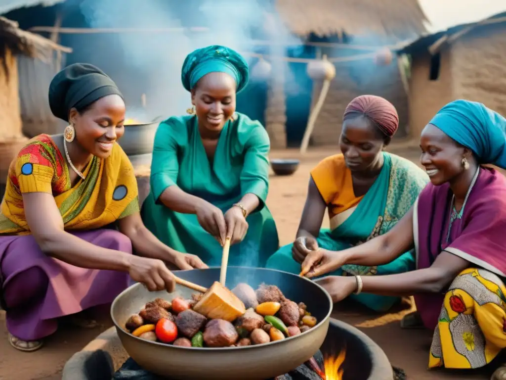 Un grupo de mujeres en un pueblo cocinan un guiso en una olla gigante