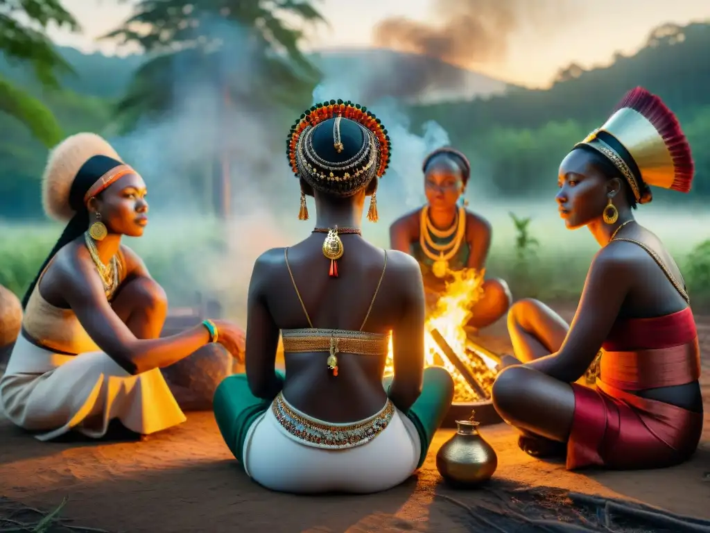 Grupo de mujeres en religiones africanas realizando ritual sagrado alrededor del fuego en un bosque místico