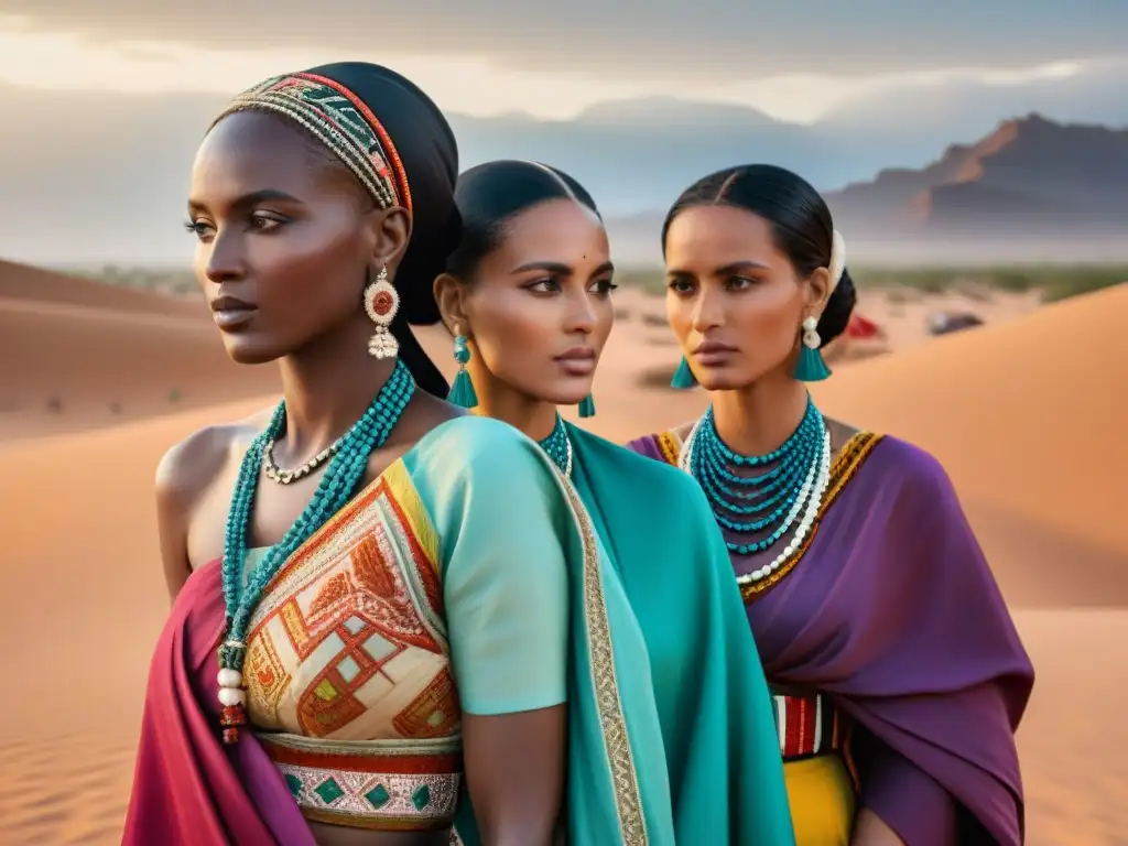 Un grupo de mujeres sahelianas vistiendo trajes tradicionales coloridos y detallados, reflejando la moda saheliana precolonial